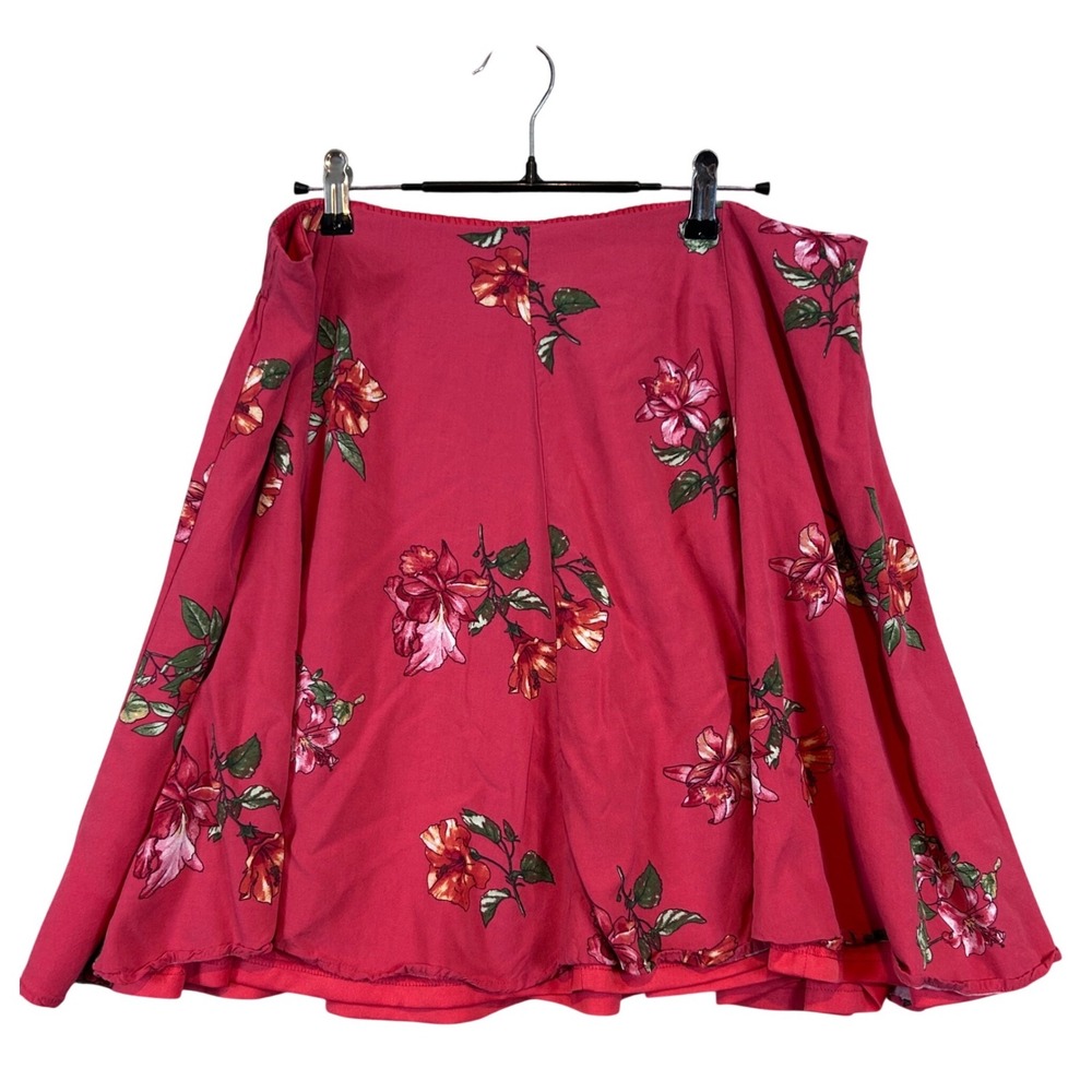 Womens Dark Pink Floral Rayon Mini Skirt Elastic Waist 2X Hibiscus Beachy Summer